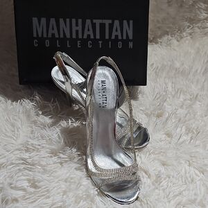 Manhattan Collection Silver Leather Rhinestone Slingback High Heels Sparkly VTG